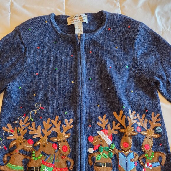 Holiday zippered cardigan sweater with reindeers sequins. Navy Size small - Picture 1 of 7